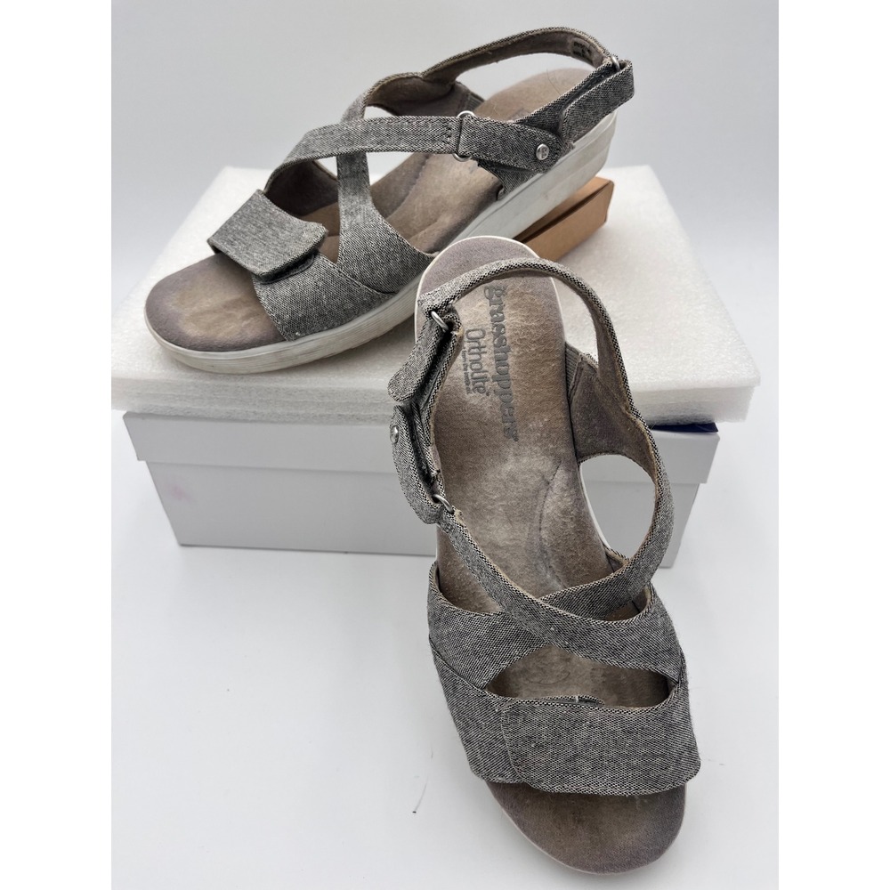 Grasshoppers Ortholite Grey Chambray Wedge Sandals Womens 8M EF67047 Strappy